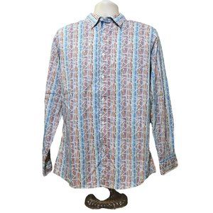 Cremieux Shirt L Blue Red Tan Stripes Abstract Long Sleeve 100% Cotton